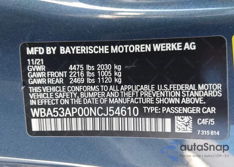 2022 BMW 430I z USA, uszkodzony, nr VIN WBA53AP00NCJ54610